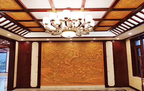 会山镇中式别墅客厅中式木作横梁吊顶装饰展示